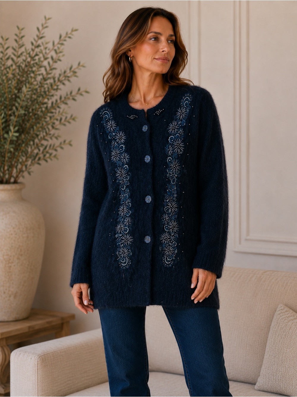 Lee Sands vintage Black Embroidered rabbit angora Hair Blend sweater coat Sz L